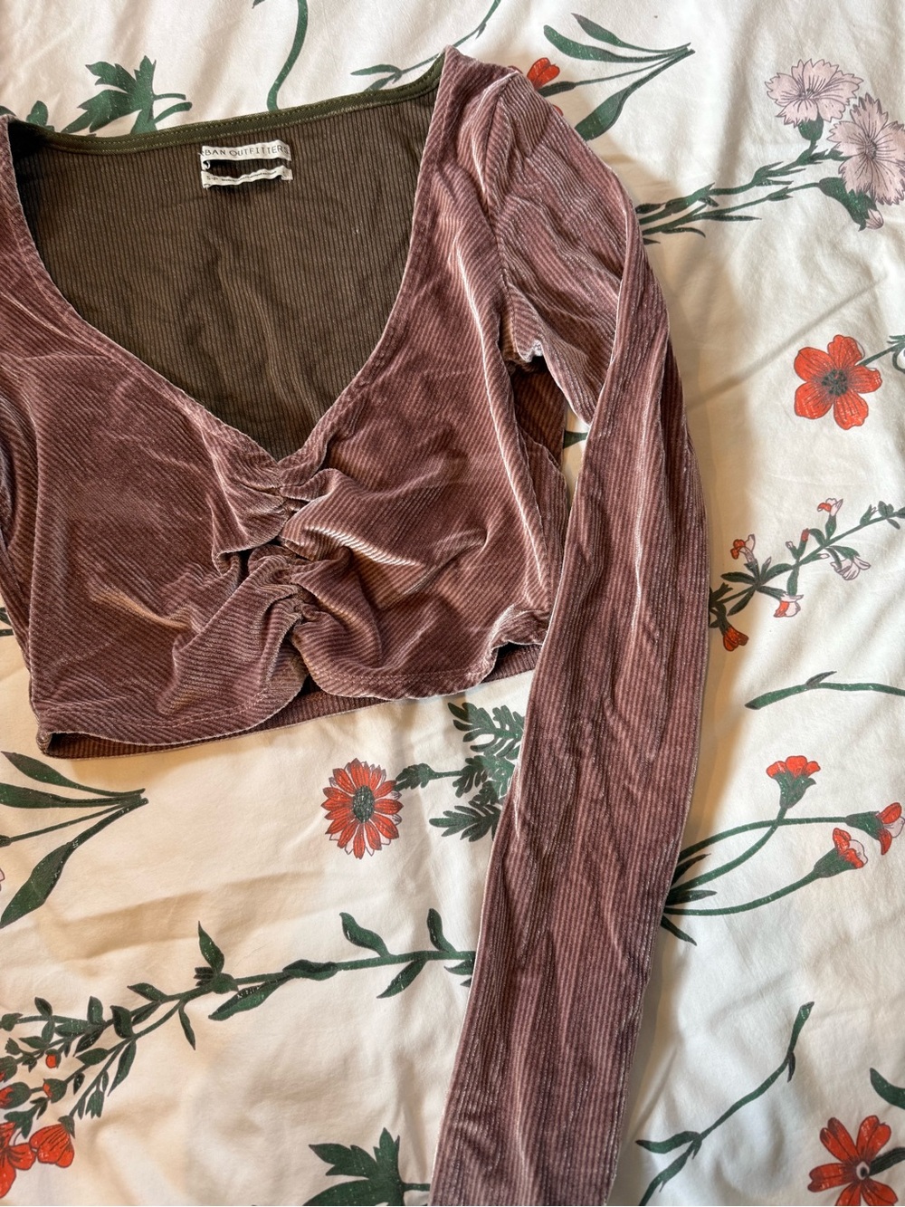 Urban Outfitters Dusty Mauve Velvet Ruched Long Sleeve Crop Top